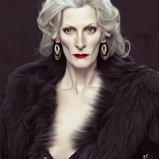 Prompt: portrait of Anna Gunn as Cruella de Vil, elegant, intricate, headshot, highly detailed, digital painting, artstation, concept art, sharp focus, illustration, art by artgerm and greg rutkowski and alphonse mucha