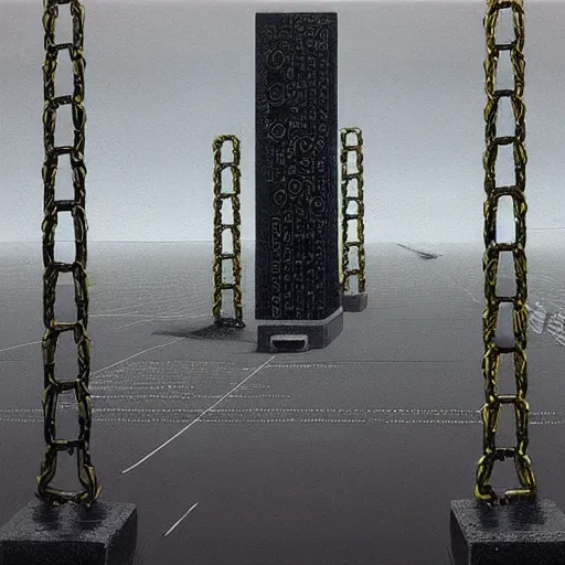 Image similar to A beautiful hyper realistic detailed painting of a chain of blocks, a cybernetic hybrid of 2 gigantic tall skyscaper sized quantum computers and a block espresso machine on a vast black granite tarmac, connected by gold and silver cables and chains, by Beksinski, beeple, unreal engine, computer hardware commercial photography