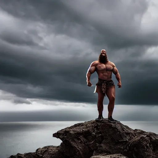 Image similar to cinematic shot of a muscular viking with a large beard standing on a rocky cliff with cloudy stormy weather in the sky, 8 k, very intricate, very detailed,