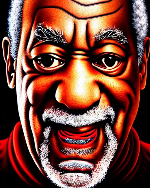 Image similar to a comic potrait of bill cosby with black and red parts, fine - face, realistic shaded perfect face, fine details. night setting. very anime style. realistic shaded lighting poster by ilya kuvshinov katsuhiro, unreal engine, global illumination, radiant light, detailed and intricate environment