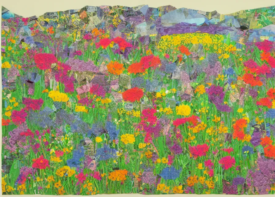 Prompt: flower meadow landscape, colored paper collage