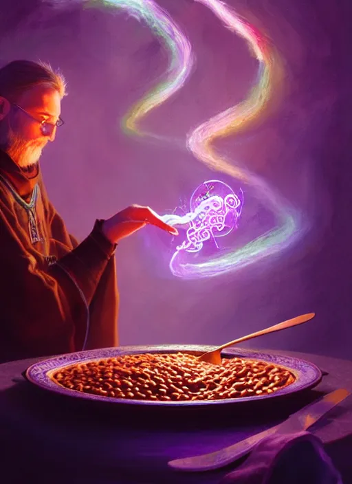 Image similar to portrait of a wizard eating baked beans and casting magical spells with rainbow energy, intricate, elegant, purple, glowing lights, highly detailed, digital painting, artstation, concept art, smooth, sharp focus, illustration, art by wlop, mars ravelo and greg rutkowski