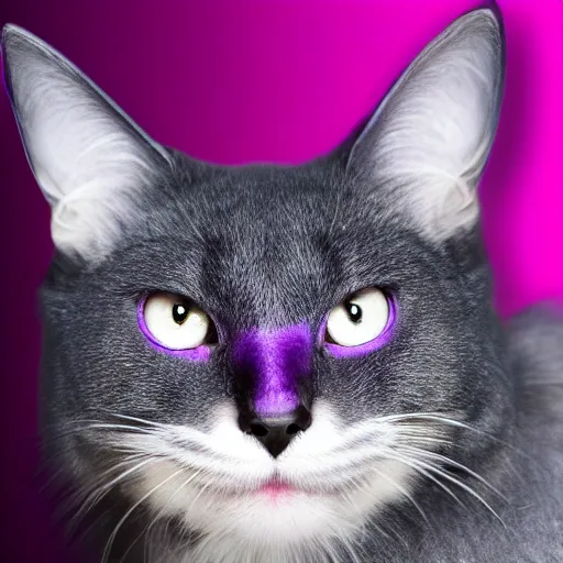 Image similar to purple batman cat with a lot of fur synth wave smiling ultra realistic photorealistic high quality highly detailed 8 k