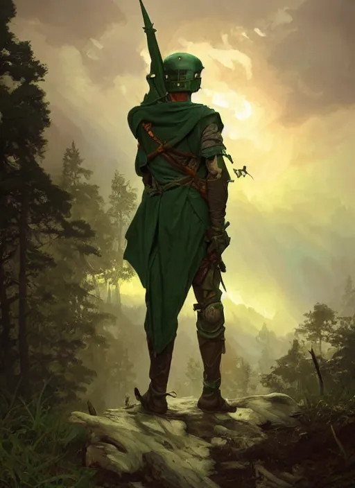 Image similar to elf soldier wearing dark green with a shield and sword on his back standing at a forest looking for adventure in the mountains, tall trees, landscape is lush, moody sunset in background, greg rutkowski, alphonse mucha, trending on artstation, artgerm, unreal engine, breathtaking, award winning, highly detailed