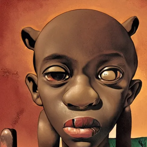 Image similar to an african boy from the movie tank girl, by jamie hewlett and sawoozer and roger ballen,