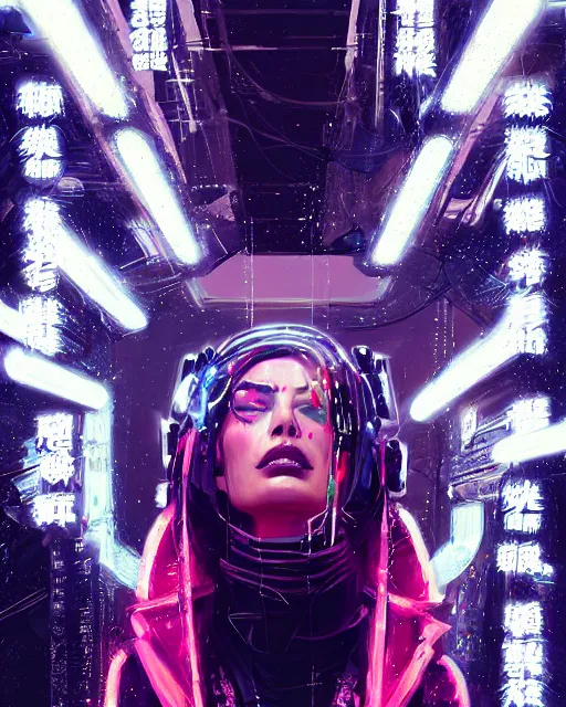 Image similar to neon operator margot robbie, cyberpunk futuristic neon, reflective puffy coat, decorated with traditional japanese ornaments by ismail inceoglu dragan bibin hans thoma greg rutkowski alexandros pyromallis nekro rene maritte illustrated, perfect face, fine details, realistic shaded, fine - face, pretty face