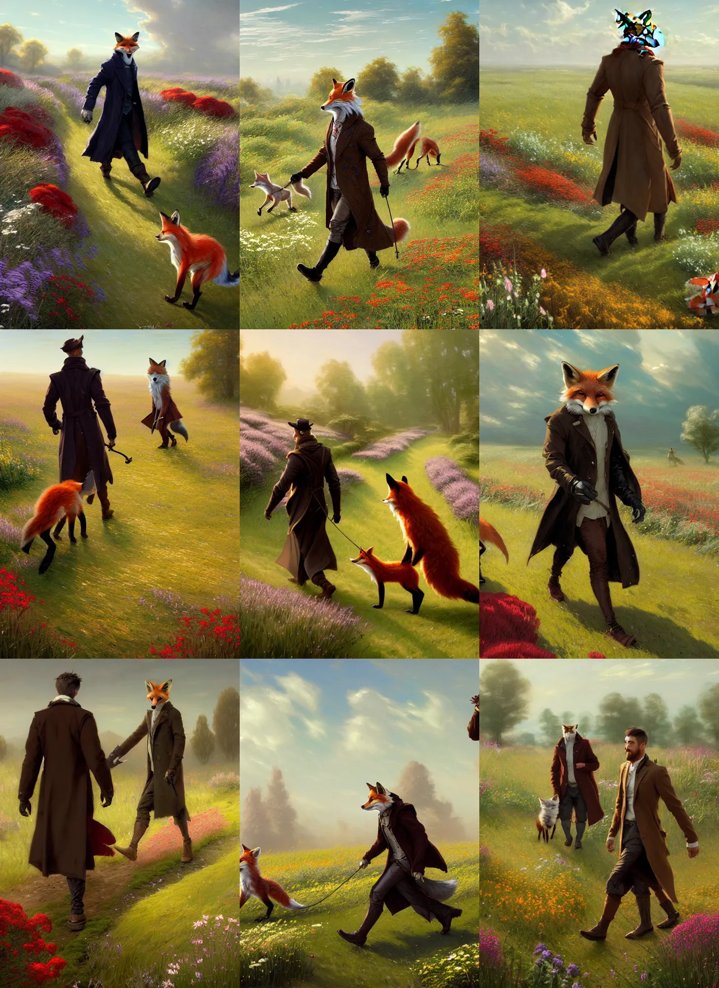 Prompt: an anthropomorphic fox man wearing a long coat walking another fox across a field of flowers, hands in pockets, character illustration by Aaron Miller, Greg Rutkowski, thomas kinkade, Howard Pyle, disney, El Greco, Cynthia Sheppard