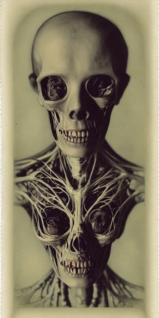 Image similar to an 1 9 1 0 polaroid photography of a very sad and detailed rotten woman corpse with fractal ornate growing around her face muscles, veins, arteries, bones, anatomical, skull, eye, ears, full body, intricate, surreal, ray caesar, john constable, guy denning, dan hillier, black and white