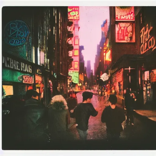 Prompt: polaroid of punks on the lower east side, colorful, nighttime, raining!