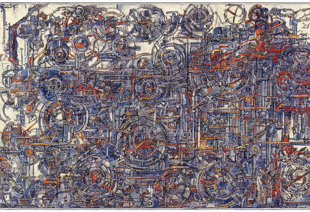 Prompt: colorfully blueprint of demonic stemapunk machine from necronomicon book, plenty annotations in blood sumerian language, by rutkowsky and gerald brom and frazetta and rembrandt