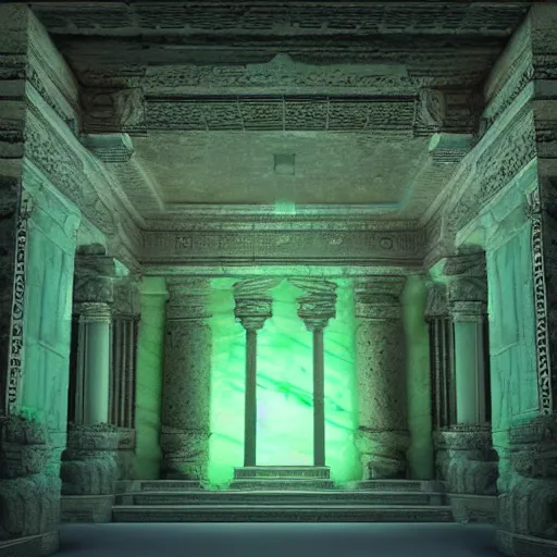 Prompt: Interior of a marble temple of an ancient god, a glowing green light can be seen on its walls, dark, digital art, trending on artstation