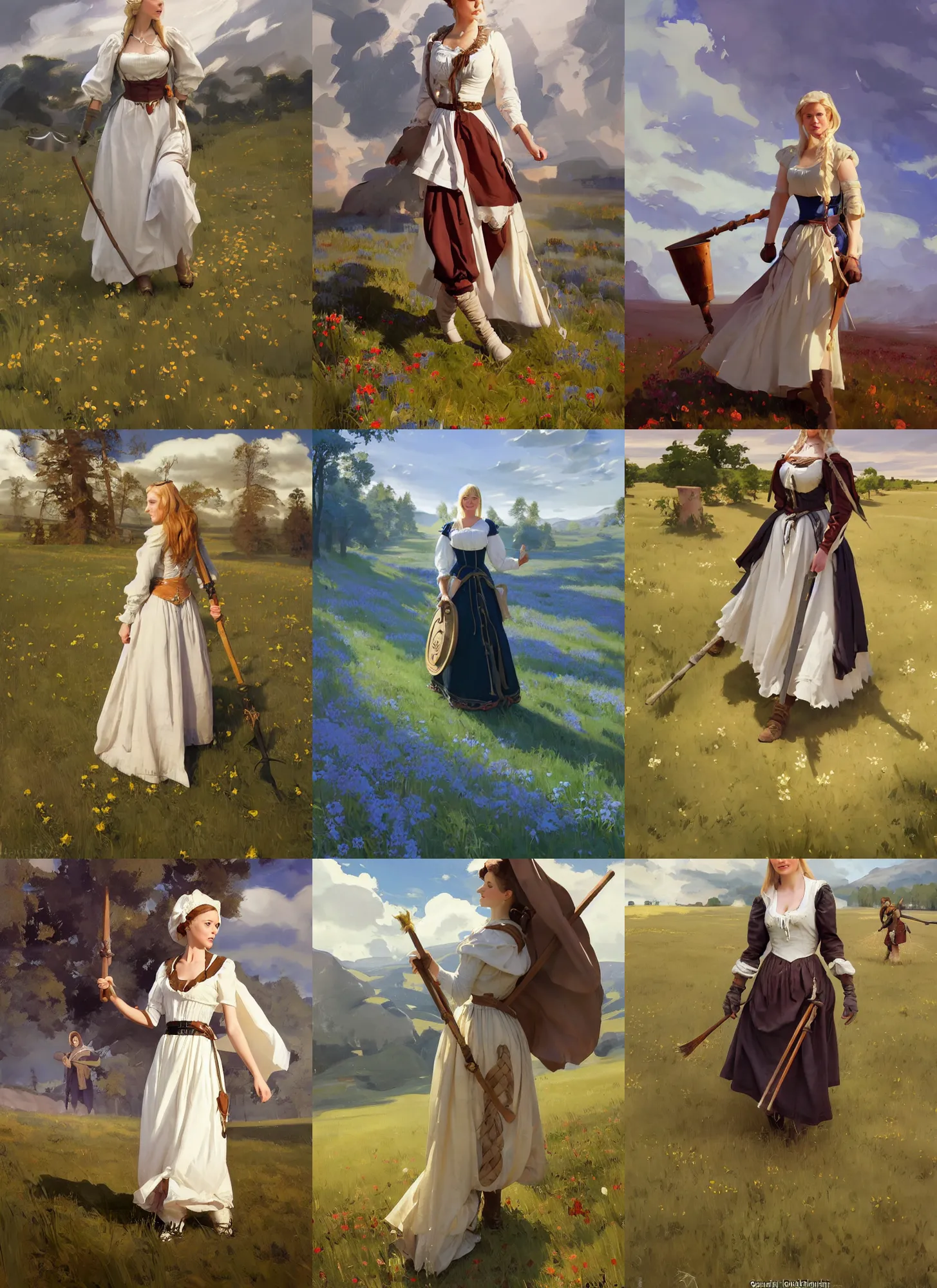 Prompt: finnish norway scandinavian attractive medieval maiden wearing dirndl walking in the field, jodhpurs greg manchess painting by sargent and leyendecker, studio ghibli, fantasy, medium shot, asymmetrical, intricate, elegant, matte painting, illustration, hearthstone, by greg rutkowski, by greg tocchini, by james gilleard, by joe fenton