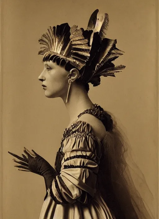 Prompt: portrait of young woman in renaissance dress and renaissance headdress, art by irving penn