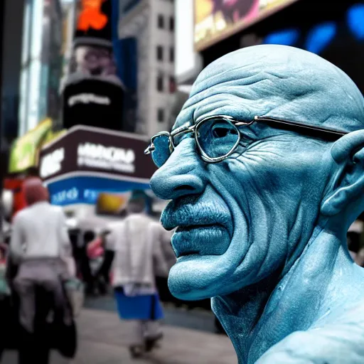 Image similar to a photograph of a very detailed renaissance sculpture of walter white as a smurf in times square, made by michelangelo, from the distance, hyper detailed, sharp focus, 8 k resolution, ray tracing