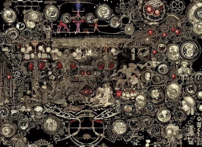 Image similar to baroque rococo bedazzled gothic royalty fractal frames surrounding a futuristic japanese cyberpunk bladerunner silk screen by utagawa yoshiiku, ohara koson, pixiv contest winner, cyberpunk style, horrorcore cyberpunk color scheme, mechanical, robotic, human machine interface, high resolution, hd, bold clear lines