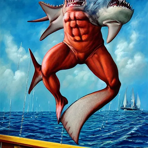 Image similar to full - color photorealistic fantastical oil - painting of : an anthropomorphic muscular male humanoid - hybrid shark - monster is terrorizing workers on the deck of a commercial fishing boat. the shark - monster is wearing swim - trunks. highly - quality, highly - detailed professional artwork.