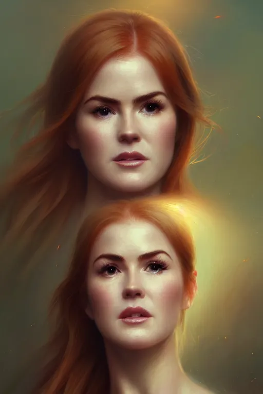 Image similar to ultra detailed close up facial portrait of isla fisher, extremely detailed digital painting, in the style of fenghua zhong and ruan jia and jeremy lipking and peter mohrbacher, mystical colors, rim light, beautiful lighting, 8 k, stunning scene, raytracing, octane, trending on artstation