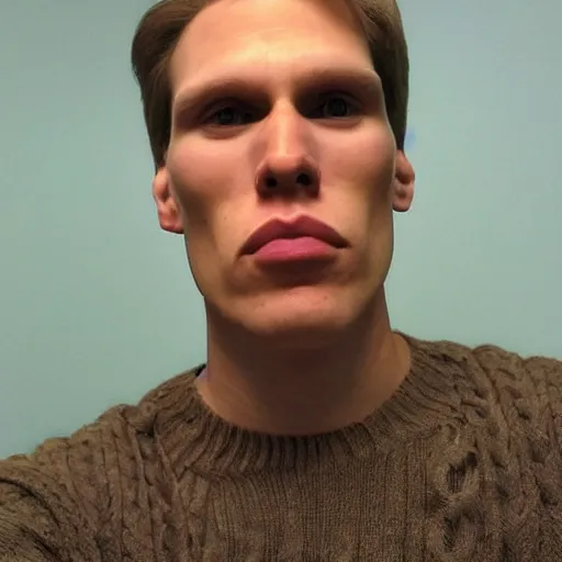 Image similar to A photograph of Jerma985 with short hair who looks like Jerma985 wearing a sweater in the 2010s, Jerma985, looks like Jerma985, taken in the late 2010s, taken on a 2010s Camera, realistic, hyperrealistic, very realistic, highly detailed, very detailed, extremely detailed, detailed, digital art, trending on artstation, headshot and bodyshot, detailed face, very detailed face, very detailed face