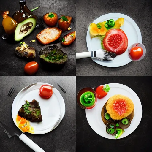 Image similar to a meal of rather weird and slightly disgusting, but also futuristic designer food, food photography