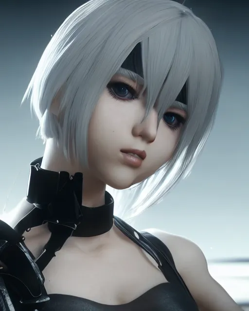 Image similar to Beautiful portrait of 2b, nier automata, cinematic 8k, high detailed