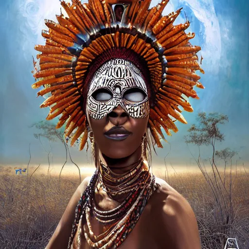 Image similar to a beautiful woman with an african mask, wearing an african dress, shaman, zulu, by alex gray and android jones, karol bak, ilya golitsyn, ayami kojima, amano, concept art, character design, fantasy, 3 d, 8 k resolution