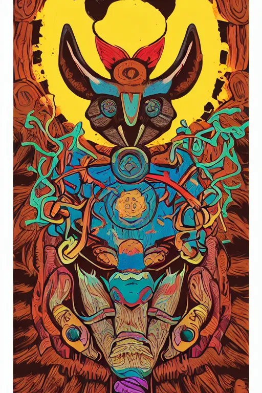 Image similar to animal mask totem roots flower tribal feather gemstone plant wood rock shaman vodoo video game vector cutout illustration vivid multicolor borderlands comics by josan gonzales and dan mumford radiating a glowing aura