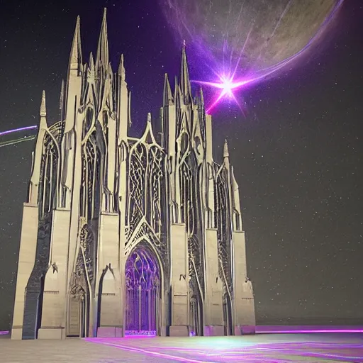 Image similar to a gothic cathedral crossed with a battleship flying through space with laser cannons and rocket engines