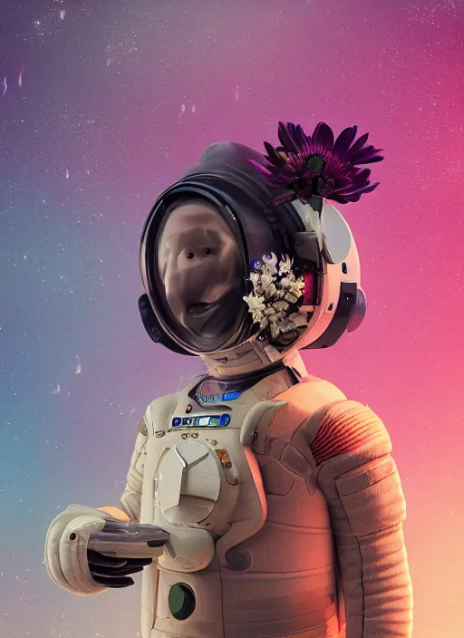 Image similar to a man in a space suit with a flower in his hand, a computer rendering by Mike Winkelmann, trending on cgsociety, retrofuturism, uhd image, rendered in cinema4d, hard surface modeling,