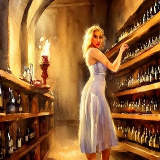 Image similar to beautiful blonde in hot dress in a wine cellar, food, pork, beer, schnapps, rustic, traditional, torches on the wall, watercolor by vladimir volegov, highly detailed, masterpiece, distance