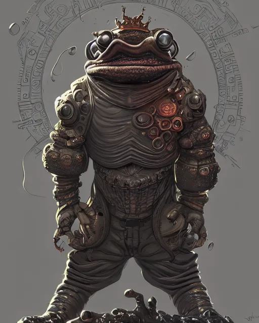 Image similar to a slimy anthropomorphic toad king wearing ornate cyberpunk armor, smooth, intricate, elegant, digital painting, artstation, steam, grungy steel, concept art, sharp focus, octane render, illustration, art by josan gonzalez,