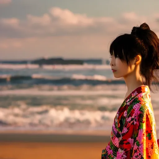 Prompt: beautiful japanese girl with half open kimono standing in the wind on the beach during magic hour