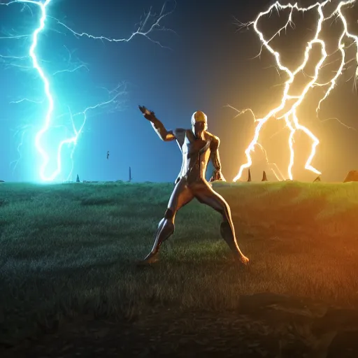 Prompt: massive fork standing up, lightning storm background, volumetric lighting, epic battle pose