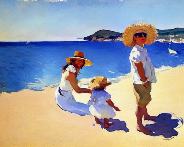 Image similar to a couple and a girl toddler on a beach in sardinia looking at a sailing boat, the man is wearing a panama hat, the woman has long dark hair, white sand, blue sky, summer, white and blue, painting by joaquin sorolla