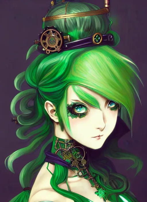 Image similar to beautiful green hair anime woman victorian dress, steampunk, fantasy, eerie, intricate details, pixiv, digital painting, artstation, concept art, 8 k, art by artgerm, loish and alohonse mucha and eiichiro oda symmetrical face symmetrical eyes