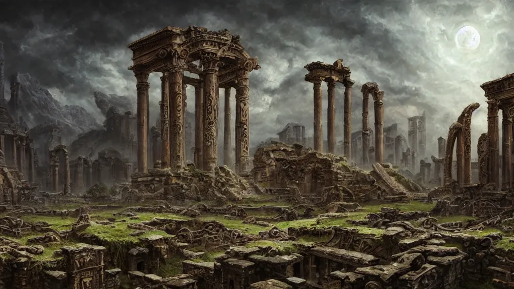 Prompt: elaborated ornate painted illustration of the non-ecludian cyclopean ruins of the dead city of the elder gods, matte painting, dramatic lighting, highly detailed oil painting, 8k resolution, sorrowful nostalgic awe-inspiring atmosphere, masterpiece