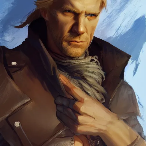 Image similar to portrait of a muscular, grim, ponytail haired blonde man in his late 30's, wearing a thick brown leather coat, looking to his side, scarred face, blue eyes, hunter, DnD character, fantasy character, dramatic lighting, digital art by Ruan Jia, Krenz Cushart, Rossdraws and Boris Vallejo