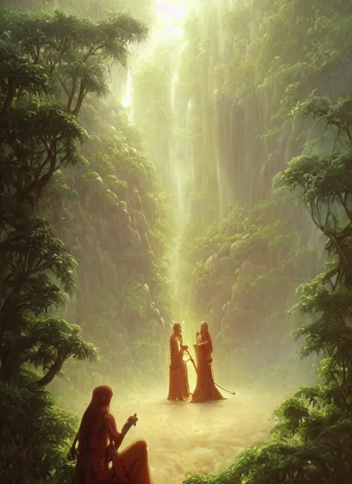 Image similar to ancestors protecting a shaman in the jungle, old faces in the jungle, art by christophe vacher