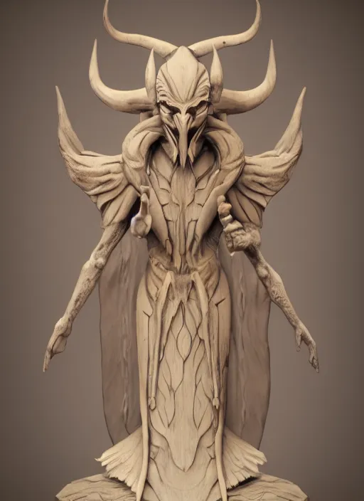 Image similar to an octane render of a ritualistic demon statuette, made of wood and ivory, volumetric lighting, beautiful design, hd render,