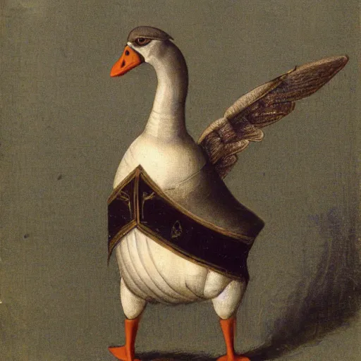 Image similar to a goose wearing knight armor