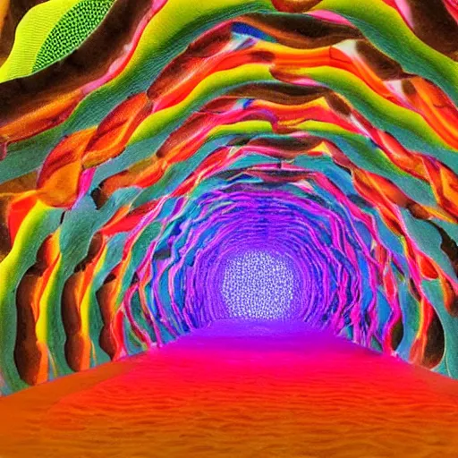 Image similar to a man standing in a tunnel with a colorful background, an abstract sculpture by huang ding, featured on dribble, interactive art!!!!!, made of insects!, biomorphic, irridescent!!