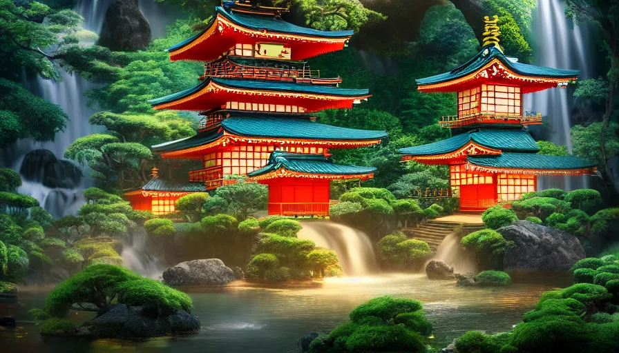 Prompt: a very cozy and surreal magical Japanese temple in a lush waterfall garden, in the style of Gucci and James Jean, glowing lights, magic details, very detailed, 8k, cinematic look, trending on artstation