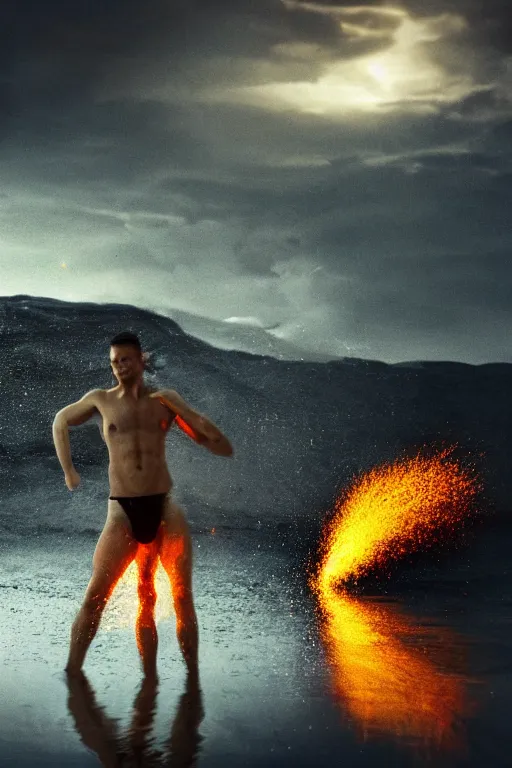 Prompt: h. p. baxxter standing in water with explosion in background, full body, reflection in water, volumetric lighting, golden ratio