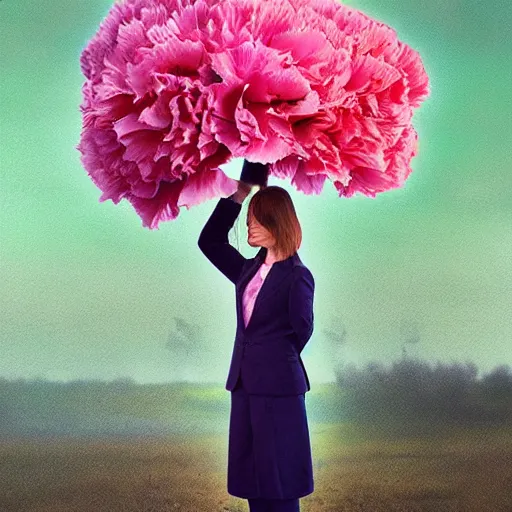 Image similar to giant carnation flower head, frontal, girl in a suit, surreal photography, sunrise, dramatic light, impressionist painting, digital painting, artstation, simon stalenhag