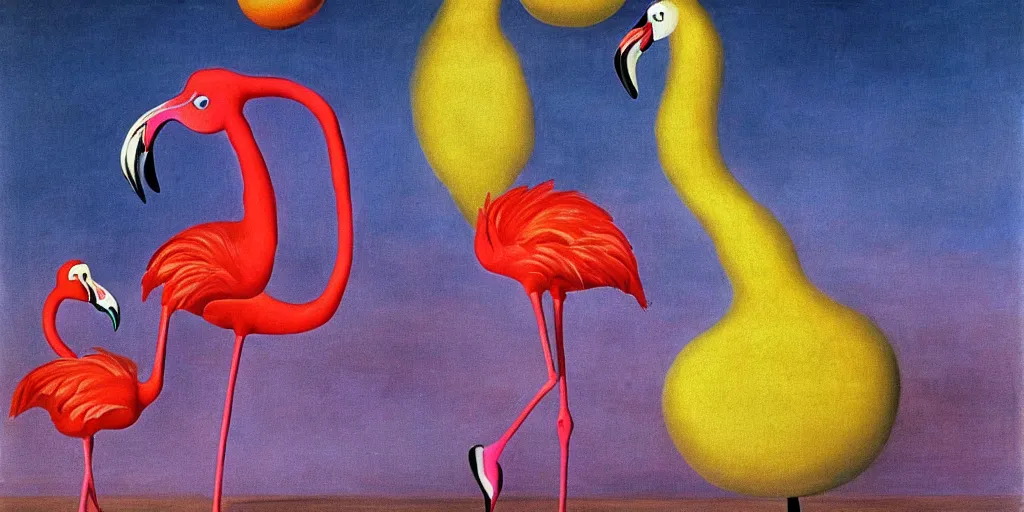 Image similar to Pair of dancing flamingos with a flying egg, oil painting by Salvador Dali.