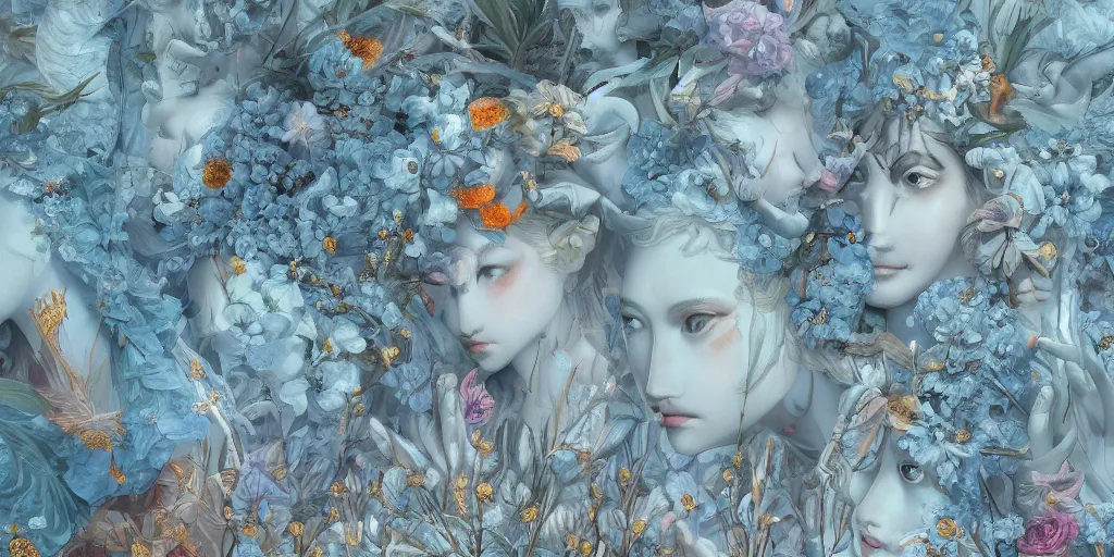 Image similar to breathtaking detailed concept art painting art deco pattern of faces goddesses amalmation light - blue flowers with anxious piercing eyes and blend of flowers and birds, by hsiao - ron cheng and john james audubon, bizarre compositions, exquisite detail, extremely moody lighting, 8 k