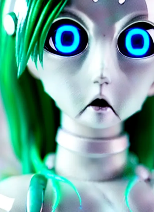 Prompt: Close-up portrait of an anime style android, robot made of anime figurine, sea-green hair and blue eyes, polycarbonate plastics, fiber-optics, fine joints, cute, wholesome, award-winning robotics