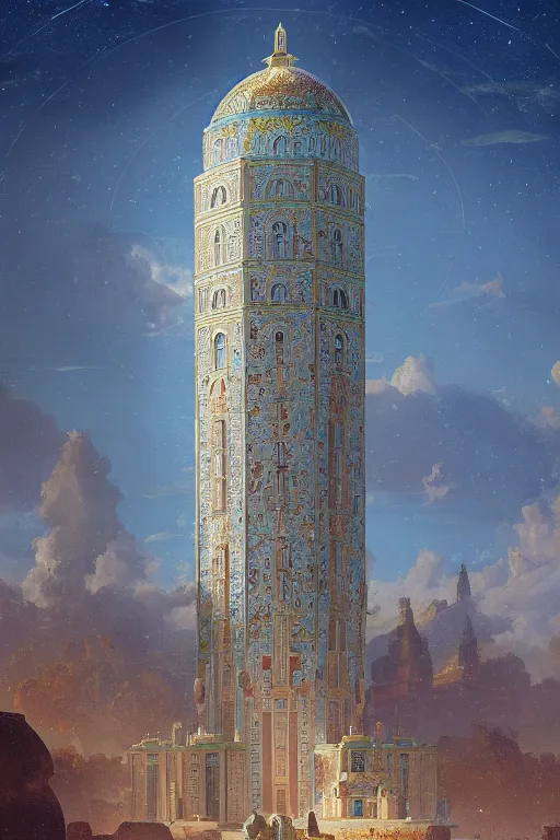 Prompt: glorious painted tower of the sun and stars by Sylvain Sarrailh and Ludwig Deutsch and Rudolf Ernst, dramatic cinematic lighting , beautiful colorful tilework, ornate architecture, smooth, sharp focus, extremely detailed