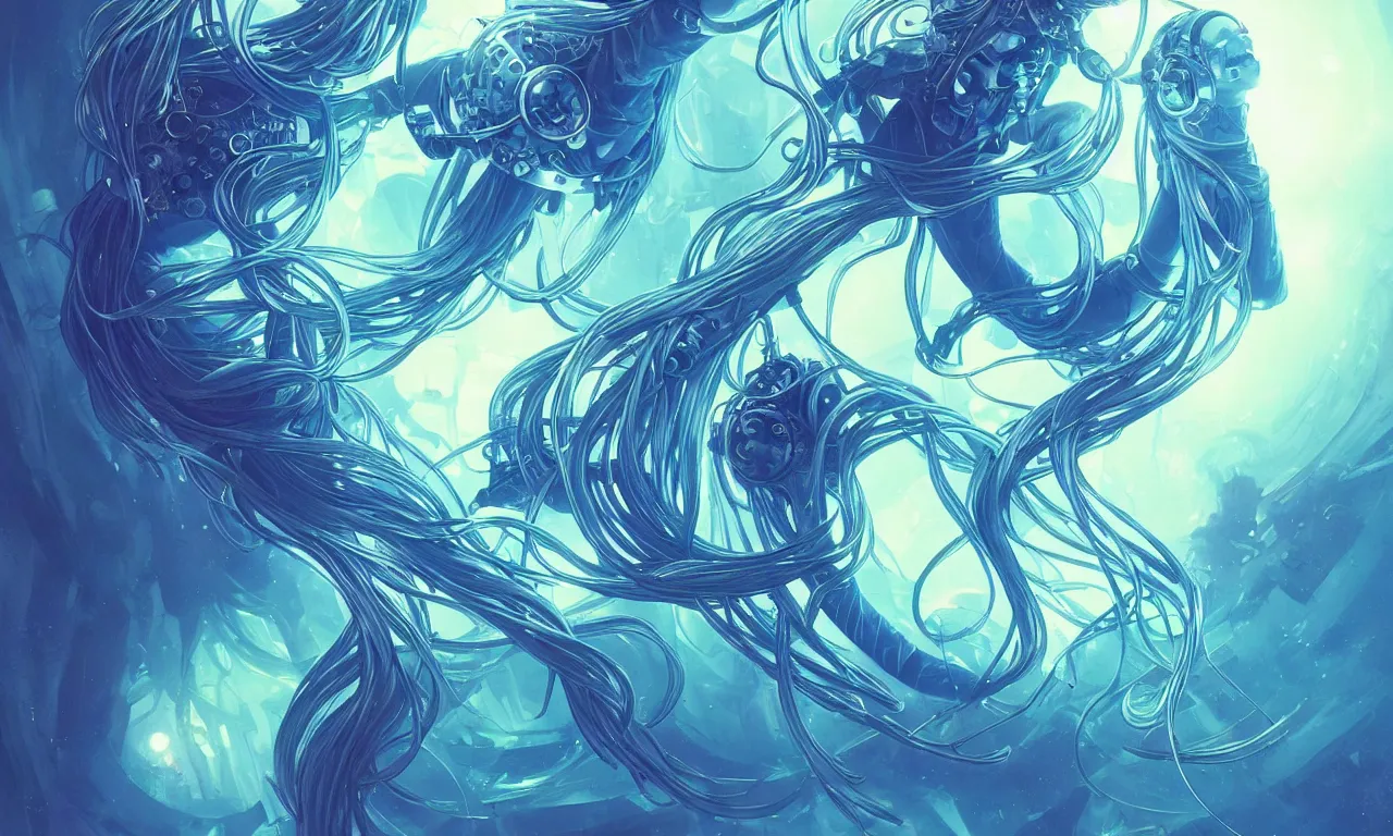 Prompt: cyberpunk jellyfish, blue tones, underwater, 8 mm, highly detailed, digital painting, artstation, concept art, smooth, sharp focus, illustration, art by artgerm and greg rutkowski and alphonse mucha