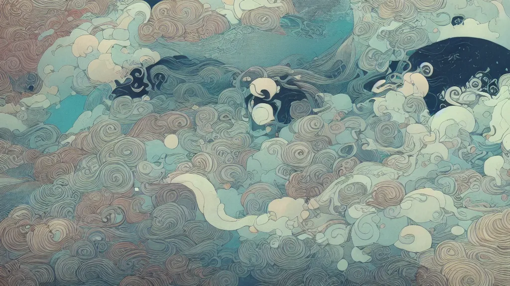 Prompt: harmony of swirling serene landscape james jean and victo ngai, muted colors