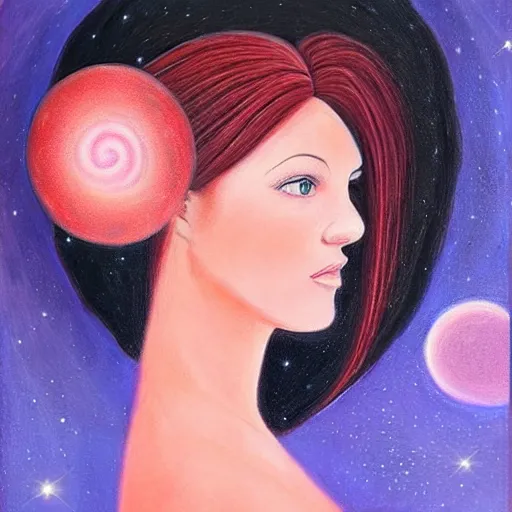 Prompt: beautiful portrait painting of woman with the cosmos as her hair.